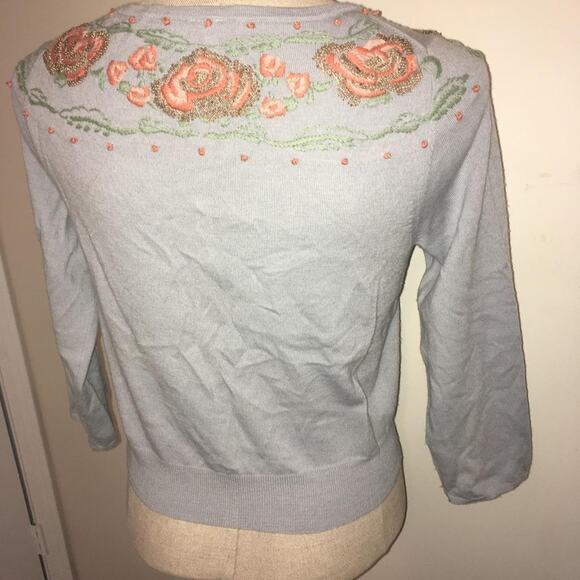 Moth Pink Bead & Embroidered Flower Detailed 100% Wool Blue Cardigan Sweater M - Picture 3 of 7